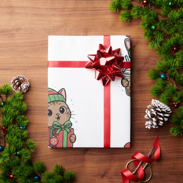Papel de embrulho padrão de latte gelado com gato  (Presente de Natal)