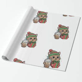 Papel de embrulho padrão de latte gelado com gato