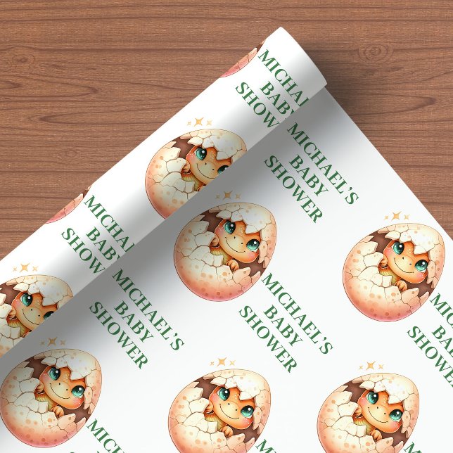 Papel de embrulho para chá de bebê Dino que vai na (Hatching Soon Wrapping Paper for Baby Dino Shower)