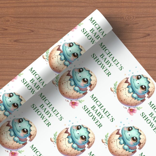 Papel de Embrulho para Chá de Bebê Dinossauro Nasc (Hatching Soon Dinosaur Baby Shower Wrapping Paper)