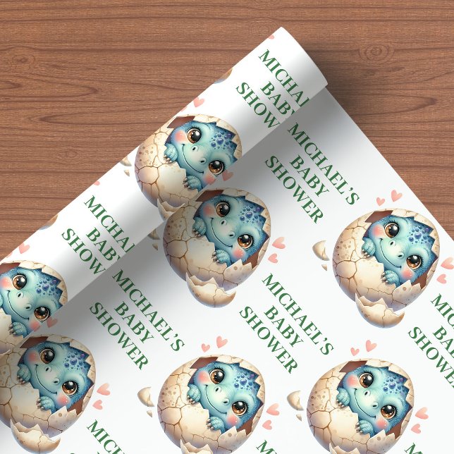 Papel de embrulho para chá de bebê Little Dino Hat (Little Dino Baby Shower Wrapping Paper Hatching Soon)