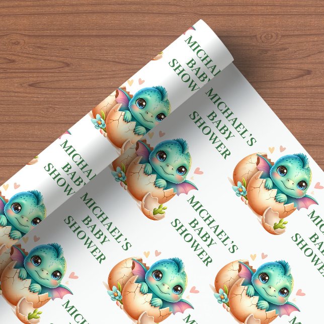 Papel de embrulho para chuveiro de bebê dinossauro (Baby Dino Shower Wrapping Paper Cute Hatching Soon)