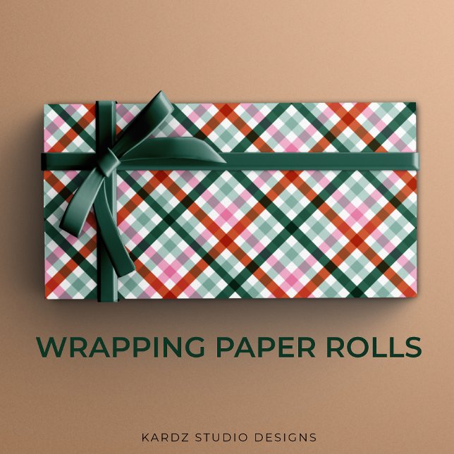 Papel de embrulho para presente de Natal Moderno e (Christmas gift wrapping paper rolls with a Modern gingham pattern design in red, green, and pink.)