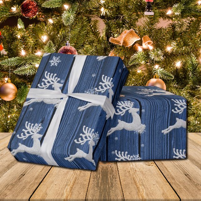 Papel de embrulho para renas de Natal Russo Azul (Blue Rustic Christmas Reindeer Wrapping Paper)