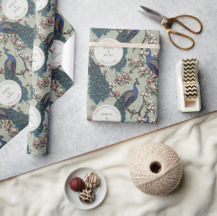 Papel de embrulho Pavões de noivado em Sage floral
