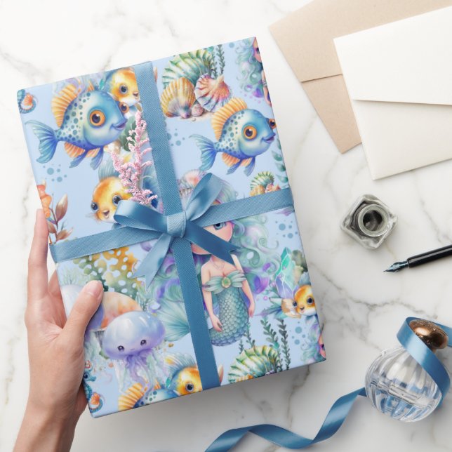 Papel de embrulho Peixe Azul e Sereia (Presentear)