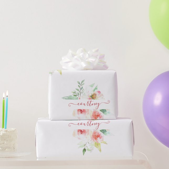 Papel de embrulho personalizado com flores em aqua (Presentes para festas)