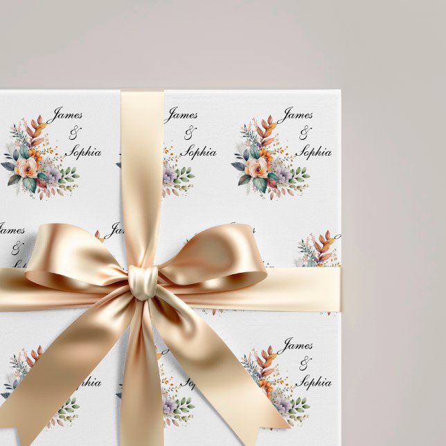 Papel de Embrulho Personalizado de Flores para Cas (Wedding Names Wrapping Paper, Engagement Gift Wrapping Paper, Bridal Shower Wrapping Paper)