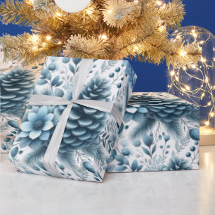Papel de embrulho Pinhas Azuis Feliz Natal