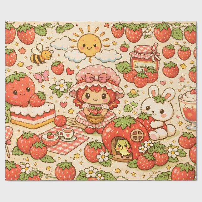 Papel de Embrulho Piquenique de Morango Kawaii (Aberto)
