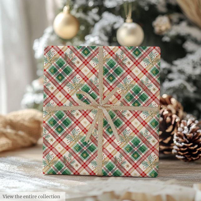 Papel de embrulho presente xadrez aquarela vermelh (Classic red and green watercolor plaid gift wrap roll)