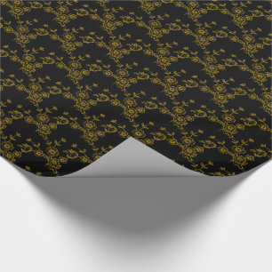 Papel de embrulho preto-dourado com estampa floral