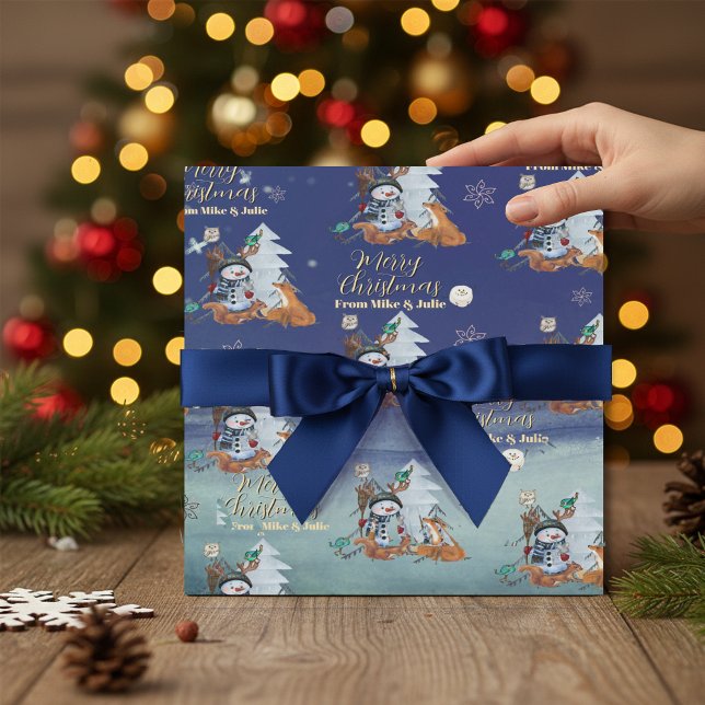 Papel de embrulho Raposa da Floresta de Inverno &  (Winter Woodland Fox & Snowman Wrapping Paper)