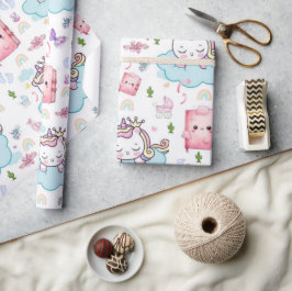 Papel de embrulho Rosa Azul Bebê Unicórnio Gato Ar