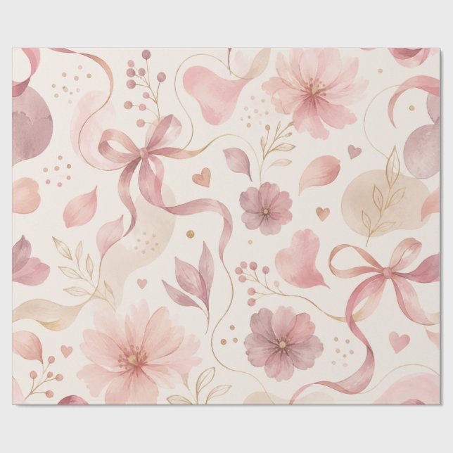 Papel de embrulho rosa com laço floral Coquette (Aberto)