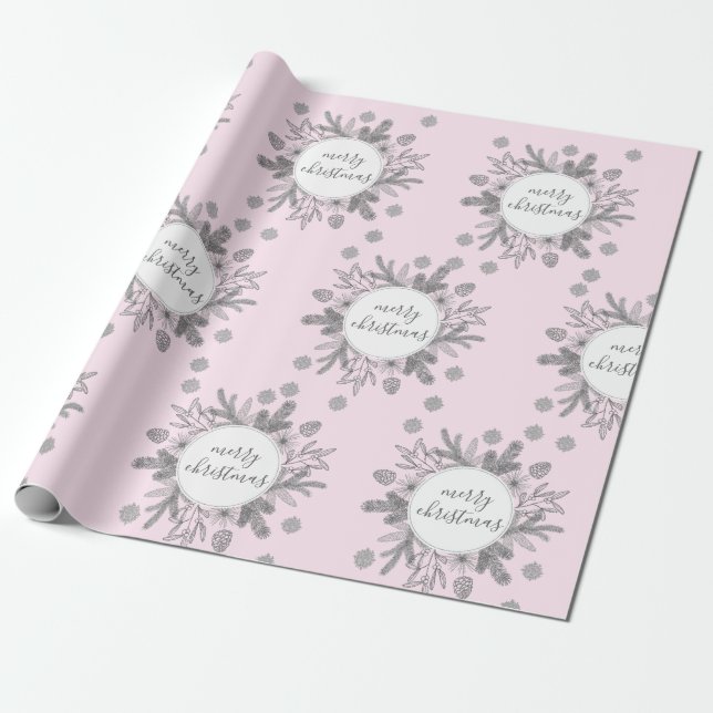 Papel de embrulho rosa de galhos rústicos de Natal (Desenrolado)