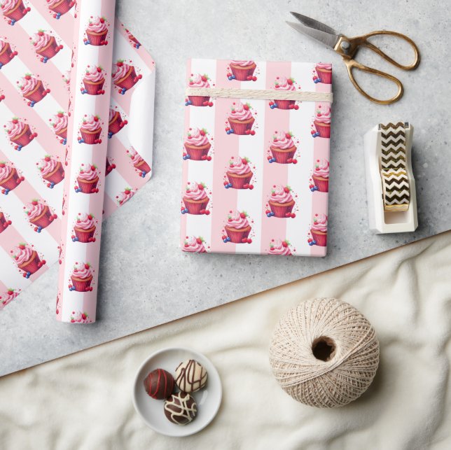 Papel de embrulho rosa e branco listrado Cupcakes  (Artesanato)