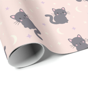 Papel de embrulho rosa gato cinza fofo