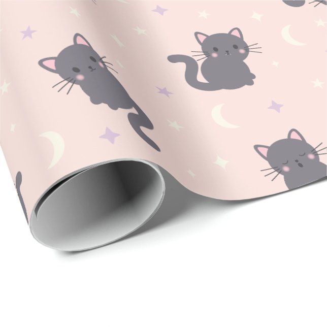 Papel de embrulho rosa gato cinza fofo (Ponta do rolo)
