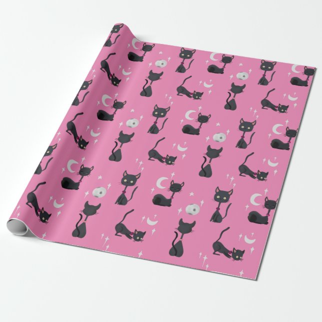 Papel de embrulho rosa lua estrelas gatos fofos Ka (Desenrolado)