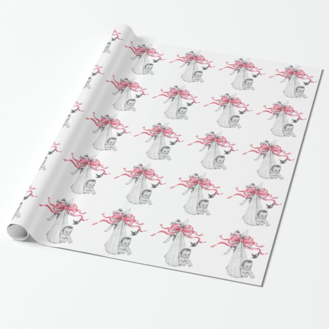 Papel de embrulho rosa para chá de bebê retrô (Desenrolado)
