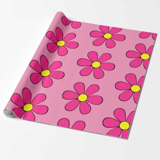 Papel de embrulho rosa retro daisy (Desenrolado)