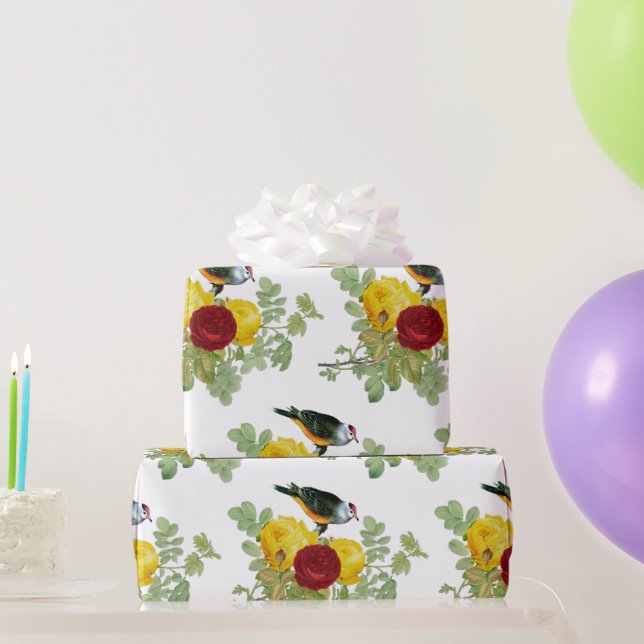 Papel de embrulho Rosas Amarelas e Pássaros (Presentes para festas)