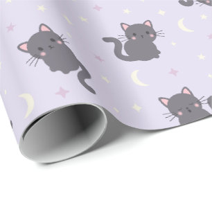 Papel de embrulho roxo gato cinza fofo