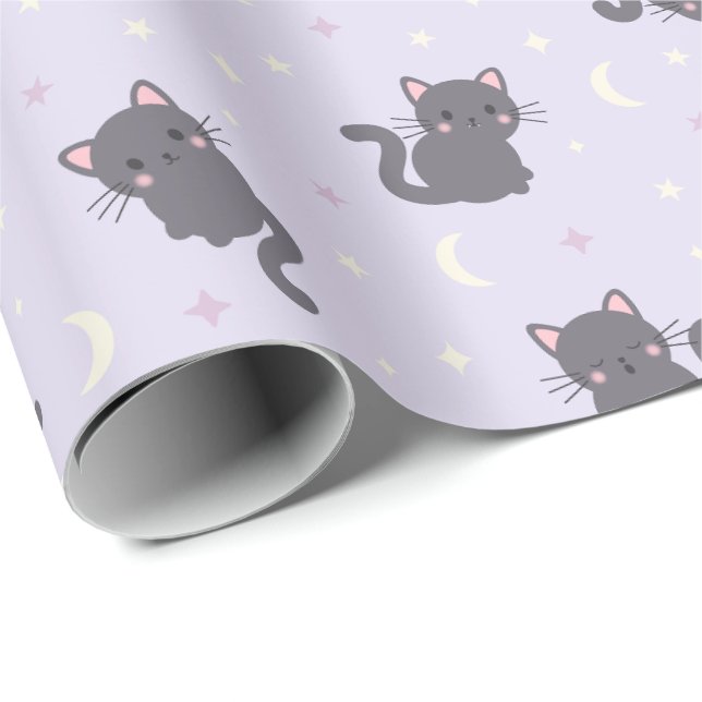 Papel de embrulho roxo gato cinza fofo (Ponta do rolo)