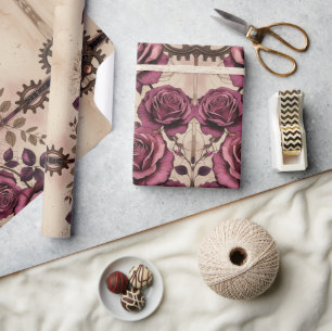 Papel de embrulho Steampunk Plum Roses & Gears