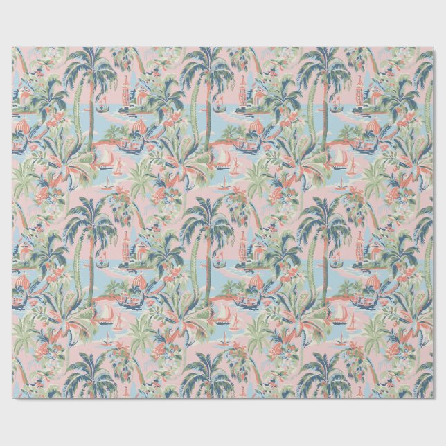 Papel de embrulho Toile Tropical Rosa e Verde, Pal (Aberto)