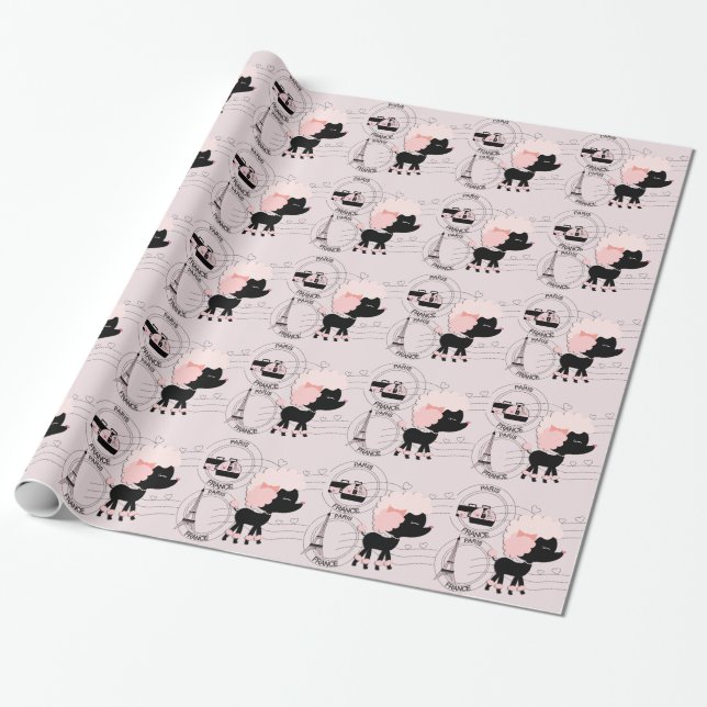 Papel de embrulho Torre Eiffel Poodle Rosa Paris (Desenrolado)