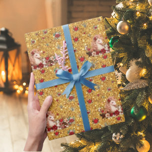 Papel de embrulho Unicórnio de Natal Floral Dourad