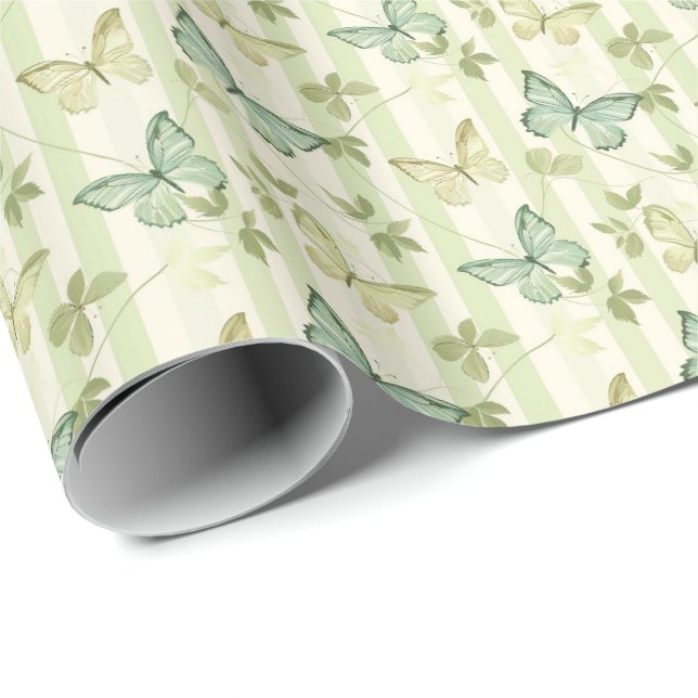 Papel de embrulho verde com listras e borboletas p (Ponta do rolo)