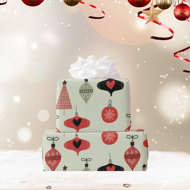 Papel de embrulho verde de Natal Ornamentos retrô (Retro Ornaments Holiday Green Wrapping Paper)