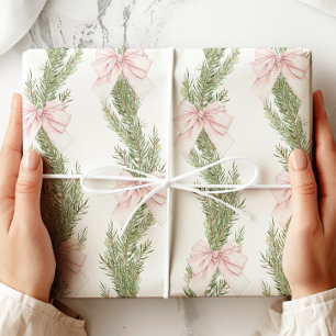 Papel de embrulho verde inverno com laço rosa