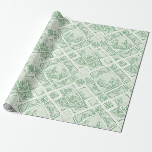 Papel de embrulho verde sálvia com cenas pastorais