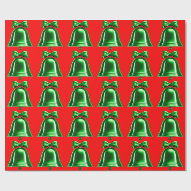 Papel de embrulho vermelho com sinos verdes (Aberto)