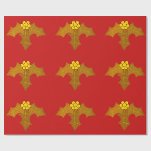 Papel de embrulho vermelho dourado de azevinho