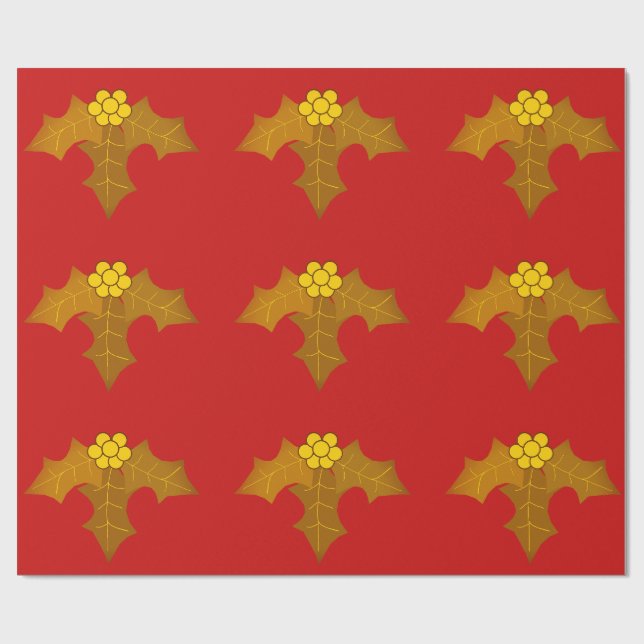 Papel de embrulho vermelho dourado de azevinho (Aberto)
