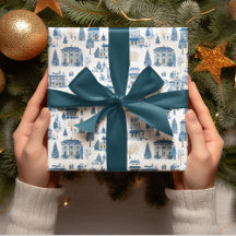 Papel de embrulho Vila de Natal Azul Chinoiserie