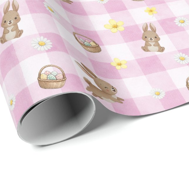 Papel de embrulho Xadrez Rosa Coelhinho da Páscoa (Ponta do rolo)