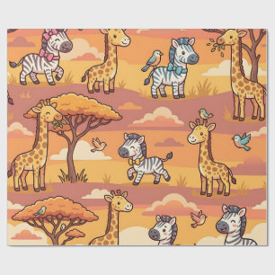 Papel de embrulho Zebra Giraffe Safari Sunset