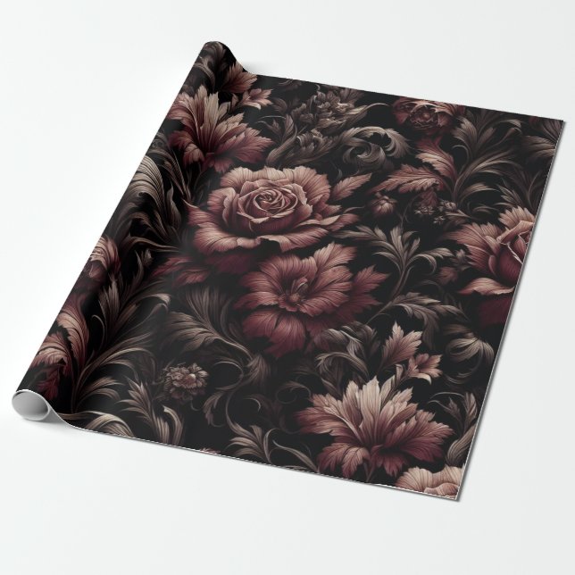 Papel de empacotamento de presente floral preto ma (Desenrolado)