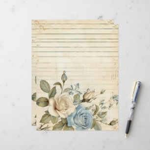 Papel de Jornalzinho Antigo de Rosas Azuis e Branc