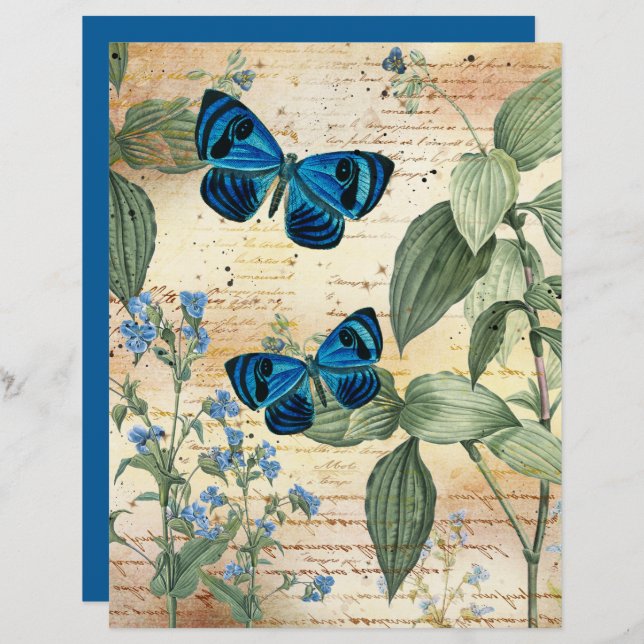 Papel de Livro Azul Vintage Butterflies (Frente/Verso)