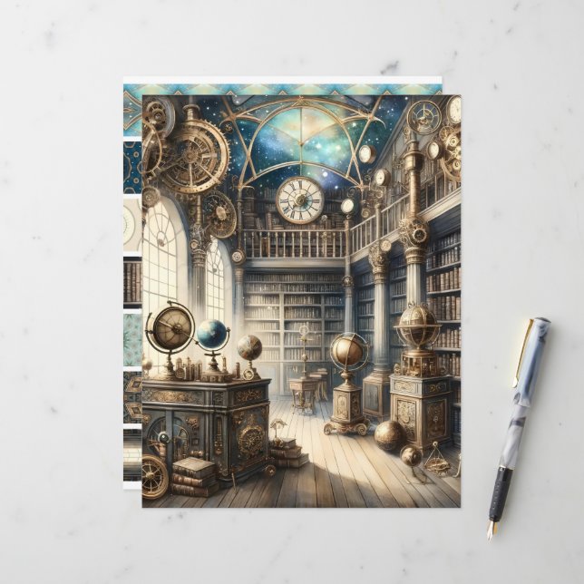 Papel de Livro Celestial da Biblioteca Steampunk (Frente/Verso In Situ)