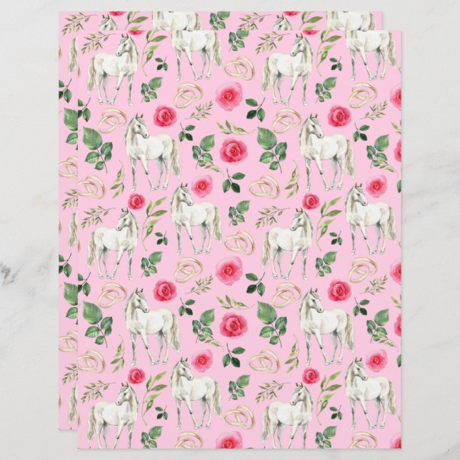 Papel de Livro de Casamento de Cavalos a Rosa (Frente/Verso)
