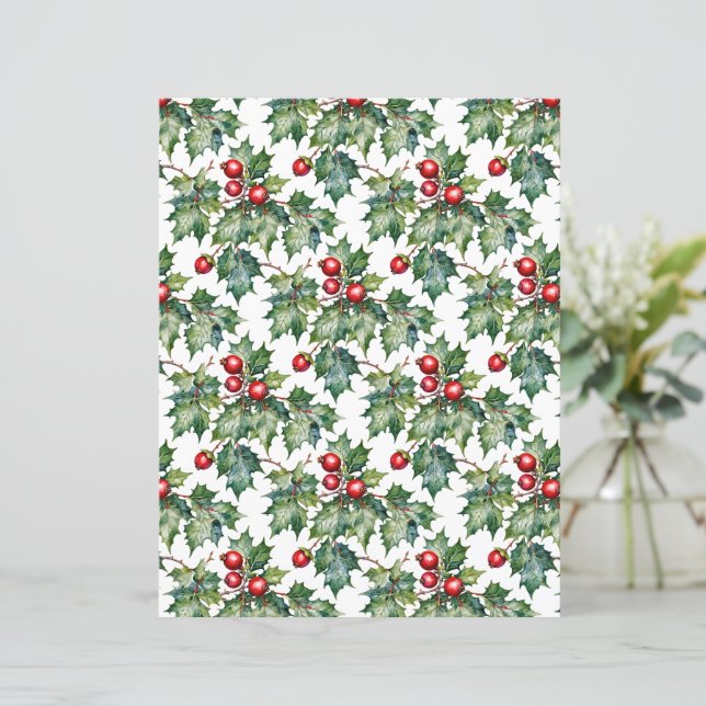 Papel de Natal de Aquarela Clássica com Azevinho e (Em pé/Frente)