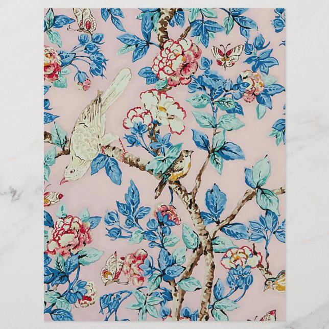 Papel de origami para aves de vinheta rosa e azuis (Frente)